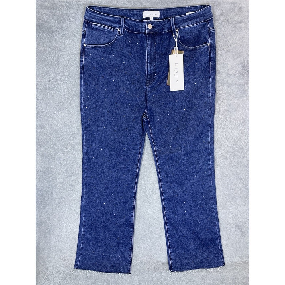 New Risen Jeans Womens 3XL Blue High Rise‎ Slim Straight Rhinestone Frayed